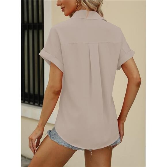 Women's Apricot Short Sleeve Shirts V‎ Neck Collared Button Down Shirt Tops - Picture 5 of 6